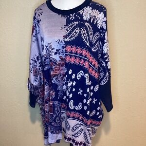 Free People Bandana Print Patchwork Poncho Shirt Oversized, Size XS, Fringe